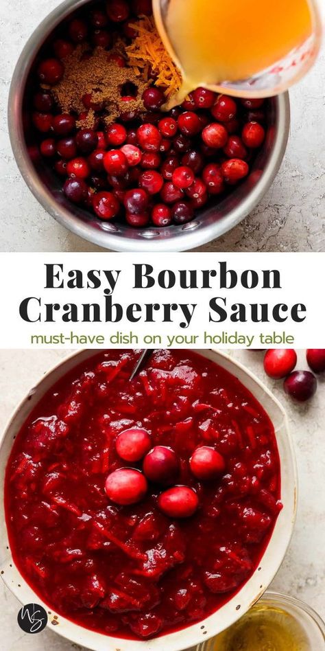 Bourbon Cranberry Sauce - An impressive, yet easy recipe that has the freshest flavor and will fill your home with the best scents of slowly simmered cranberry, orange, and brown sugar. A must-have dish on your holiday table. This recipe is dairy-free and gluten-free. Cranberry Sauce With Bourbon And Orange, Bourbon Orange Cranberry Sauce, Orange Bourbon Cranberry Sauce, Boozy Cranberry Sauce Recipes, Boozy Cranberry Sauce, Brandy Cranberry Sauce, Honey Bourbon Cranberry Sauce, Bon Appetit Cranberry Sauce, Cranberry Sauce Bourbon