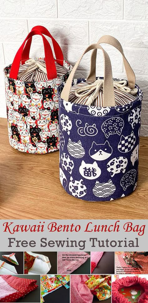 Kawaii Bento Lunch Drawstring Bag Tutorial Easy Bag Tutorial, Lunchbox Sewing Pattern Free, Free Sewing Bag Patterns, Lunch Bag Sewing Pattern, Lunch Bag Pattern, Lunch Box Pattern, Drawstring Bag Tutorial, Lunch Bags Pattern, Sewn Bags