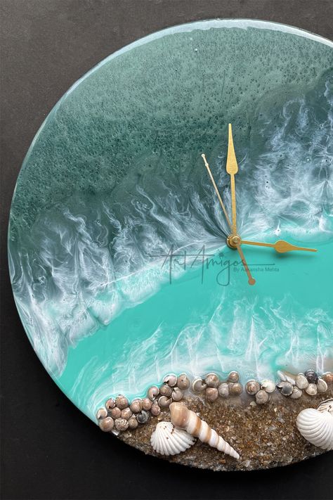 Ocean Clock, Beach Resin Art, Clock Resin, Beach Resin, Resin Clock, Ocean Themes, Clock Wall Decor, Ocean Inspiration, Handmade Home Decor