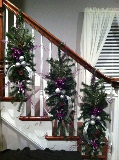 Stairway Garland, Christmas Banister, Christmas Stairs Decorations, Christmas Staircase Decor, Christmas Stairs, Christmas Staircase, Stair Case, Stair Decor, Purple Christmas