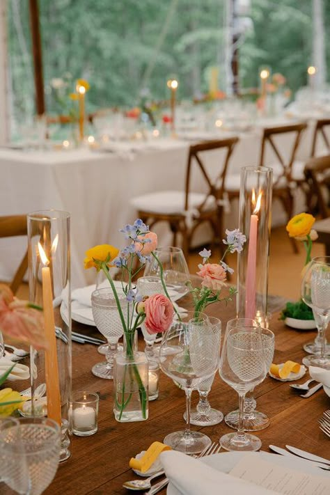 Wedding Tables With Food, Wildflower Wedding Ceremony Altars, Wedding Flowers Garden Party, Candles In Votives Wedding, Colored Candle Sticks Wedding, Farm Table Wedding Decor Bud Vases, Single Flowers In Vases Wedding, Bud Vase Runner Wedding, Mismatched Napkins Wedding