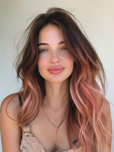 8 Beautiful Hair Color Styles for Every Hair Type Brunette And Rose Gold Balayage, Rose Gold Hair Copper, Low Maintenance Pink Hair, Rosewood Hair Color, Colored Hair With Dark Roots, Fun But Professional Hair Color, Rose Gold Hair Dark Roots, Pink Hair Brunette, Chocolate Rose Gold Hair