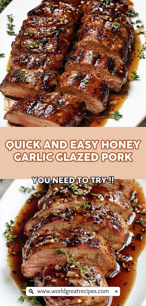 Discover the secret to a Quick and Easy Honey Garlic Glazed Pork that’s bursting with flavor! This succulent pork tenderloin is marinated in a rich sauce made from honey, soy sauce, and garlic, creating a delicious glaze that caramelizes beautifully in the oven. In just 30 minutes of marinating, followed by simple cooking steps, you can create a dish that looks fancy but is effortless to prepare. Perfect for meal prep or a last-minute dinner option that everyone will love! Honey Garlic Roasted Pork Tenderloin, Pork Tenderloin With Plum Sauce, Honey Dijon Pork Loin, Pork Tenderloin Recipes In Oven Mustard, Honey Mustard Glazed Pork Tenderloin, Pork Tenderloin Recipes Honey Garlic, Honey Garlic Teriyaki Pork Tenderloin, Marinate Pork Loin, Pork Tenderloin In The Oven How To Cook