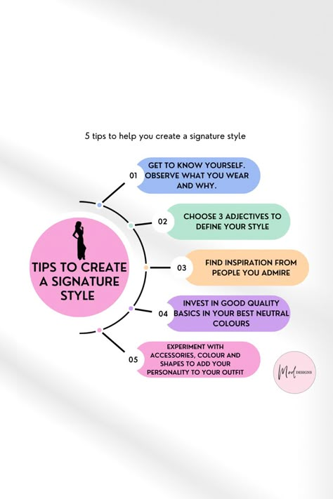 5 tips for a signature style in diagram layout Style Quotes Unique, How To Find Your Signature Style, Image Consultant Tips, Types Of Aesthetics Styles, Best Signature Style, Fashion Consultant Stylists, Fashion Psychology, Fashion Business Plan, Getting To Know Yourself