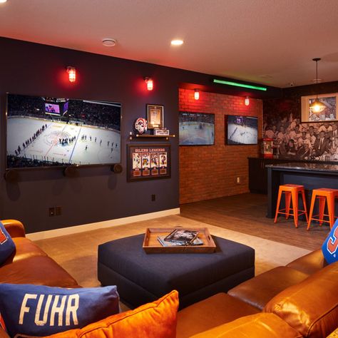 Home Theatre Project - Traditional - Home Theater - Phoenix - by Phoenix Fine Painting LLC | Houzz Man Cave Designs, Coventry Homes, Sports Man Cave, Man Cave Games, Man Cave Design, Hangout Room, Ultimate Man Cave, Man Cave Room, Home Bar Design