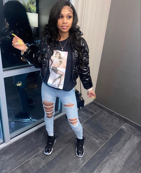 Jubilee 11s Outfit Women, Outfit Ideas With Jordan 11s, Jordan Retro 13 Outfit Women, Jordan 11 Gratitude Outfit Women, Gratitude 11s Outfit, Ripped Jeans Outfit Black Women, Cute Jordan Outfits, Jordan 13 Outfits Women, Jordan 11s Outfit Women