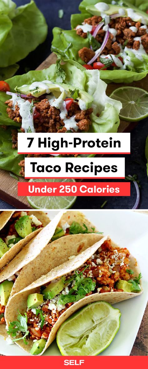 Who said tacos can't be healthy? These high-protein taco recipes made with beef, chicken, or tofu for a vegan/vegetarian option will keep you full and satisfied. Add these healthy, easy Mexican-inspired dishes to your weeknight meal rotation. Protein Tacos, High Protein Tacos, High Protein Vegan Tacos, High Protein Low Cal Vegan Meals, Low Cal Chicken Tacos, High Protein High Fiber Low Calorie, High Protien Meals For Fat Loss, Taco Meal, Super Bowl Food Healthy