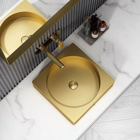 #stainlesssteelbasin Brass Wash Basin, Copper Wash Basin, Gold Wash Basin, Square Bathroom Sink, Gold Vessel Sink Faucet, Brass Basin Tap, Polish Models, Drain Pipe, Countertop Basin