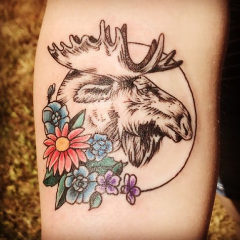 Moose Family Tattoo, Moose Skull Tattoo For Women, Moose Sleeve Tattoo, Moose Face Tattoo, Moose Antler Tattoo With Flowers, Moose Tattoos, Moose Tattoo, Deer Tattoo, Flowers Tattoo