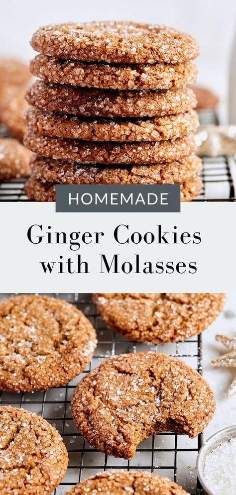 Giant ginger cookies with molasses! These chewy ginger cookies rolled in sparkling sugar are filled with bold spice and molasses flavor! Ginger Sparkle Cookies, Ginger Chew Cookies, Molasses Ginger Cookies Chewy, Gingerdoodles Cookies Recipe, Gingerbread Molasses Cookies, Mom Desserts, Cookies With Molasses, Molasses Ginger Cookies, Spicy Ginger Cookies