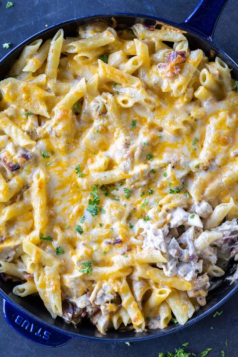 This chicken bacon ranch casserole is loaded with juicy chicken, smoky bacon, and pasta tossed in a creamy ranch sauce. Top it with cheese and you'll be obsessed! Baked Whole Fish, Philly Cheesesteak Sandwiches, Philly Cheesesteak Pasta, Philly Cheesesteak Casserole, Costco Chicken Bake, Cheesesteak Pasta, Cheesesteak Casserole, Cheesesteak Sandwiches, Bacon Ranch Casserole