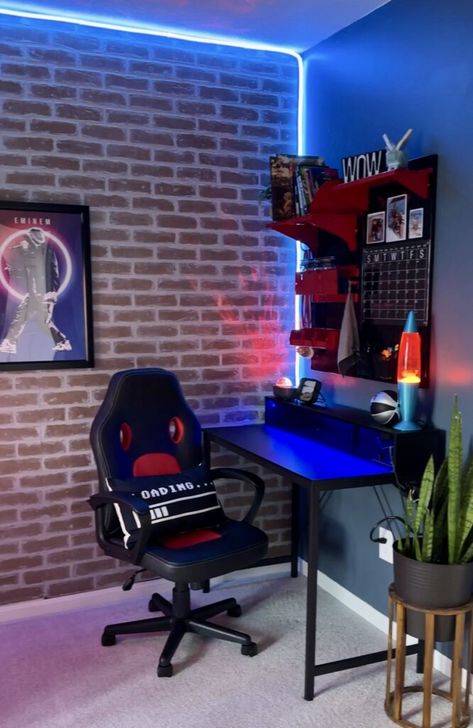 Boy Room Makeover Ideas, Eminem Room, Brick Wall Bedroom Ideas, Teen Boy Gamer Bedroom, Gaming Bedroom Ideas Boys, Boys Gamer Room, Teen Bedroom Boy, Teen Room Decor For Boys, Teen Boy Bedroom Ideas