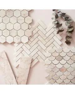 Mosaic Bathroom Tiles | Buy Online | Fired Earth Pink Herringbone Bathroom, Pink Bathroom Tile Ideas, Mosaic Tiles Bathroom Wall, Herringbone Floor Bathroom, Herringbone Bathroom Tile, Guest Bathroom Tile, Marble Mosaic Bathroom, Edwardian Mansion, Herringbone Tile Bathroom