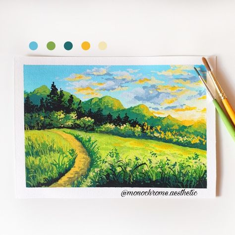 Gouache painting of ghibli-inspired landscape Ghibli Landscape Painting, Guache Paintings Landscape, Studio Ghibli Gouache Painting, Gouache Landscape Tutorial, Ghibli Gouache Painting, Gouache Painting Landscapes, Ghibli Gouache, Ghibli Painting, Gouache Landscape Painting