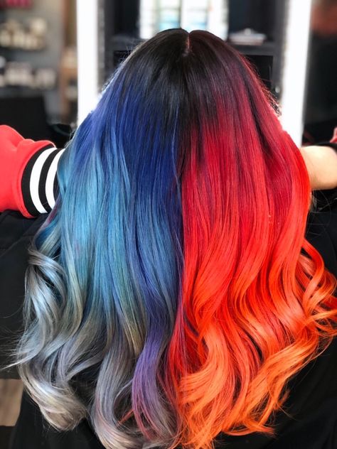 #redhair #bluehair #redandbluehair #fire #ice #fireandice #hairgoals #hairtransformations #vivids #vividhaircolor #funhair Fire And Ice Hair Color, Fire And Ice Hair, Fire Hair Color Ombre, Red And Blue Hair, Fire Ombre Hair, Fire Hair Color, Ice Hair, Ocean Hair, Half And Half Hair