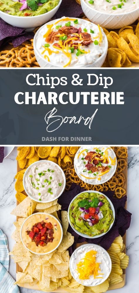 If you're looking for party snacks, you NEED to try this easy Chips and Dip "Charcuterie" board. Complete with 5 delicious homemade dip recipes and a selection of crunchy chips (and other dippables), this snack platter is perfect for holidays, potluck, game day and more! Charcuterie Board Ideas Chips And Dip, How To Serve Chips And Dip At A Party, Party Snack Platter Ideas, Charcuterie Board Ideas With Dips, Game Day Board Ideas, Chip Dip Charcuterie Board, Chips Charcuterie Board Ideas, Chip And Dip Platter Ideas, Dipping Board Ideas