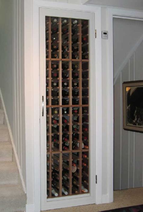 Wine Storage Closet, Wine Cellar Small, Wine Cellar Closet, Wine Door, Unfinished Basements, Small Closet Room, Under Stairs Wine Cellar, Small Closet Door Ideas, Basement Ceilings