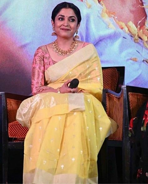 Onion Pink Kanchipuram Saree, Yellow Benaras Sarees, Yellow Saree Pink Blouse Designs, Onion Pink Colour Combination, Onion Colour Saree, Ramya Krishna Saree, Yellow Saree Blouse Combination, Yellow Blouse Designs, Ramya Krishna