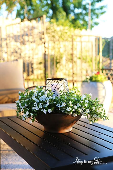 How to make an easy floral outdoor centerpiece luminary  #make #luminary #centerpiece skiptomylou.org Patio Lighting Diy, Outdoor Table Centerpieces, Porter House, Deck Decor, Porch Accessories, Pinterest Wedding, Diy Flower Pots, Floral Centerpiece, Spring Plants