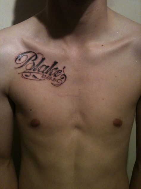 Blake name tattoo on chest Chest Tattoo Placement, Chest Tattoo Name, Small Name Tattoo, Chest Tattoo Girl, Tato Nama, Tattoo Kids, Kid Name Tattoo, Tattoos With Kids Names, Omerta Tattoo