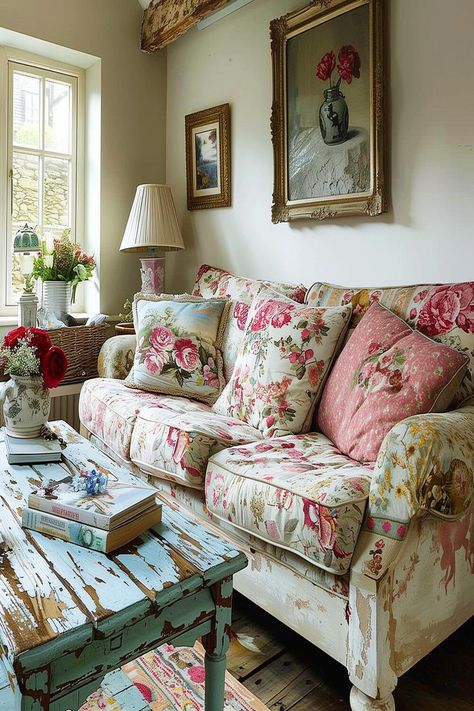 Cozy shabby chic living room with a floral patterned couch and distressed wooden coffee table. Shabby Chic Style Living Room, Shabby Chic Pink Bedrooms, Floral Couch Decor, Floral Couch Living Room Vintage, Floral Couch Living Room, Room Ideas Floral, Floral Sofa Living Room, Chintz Sofa, Vintage Couch Living Room