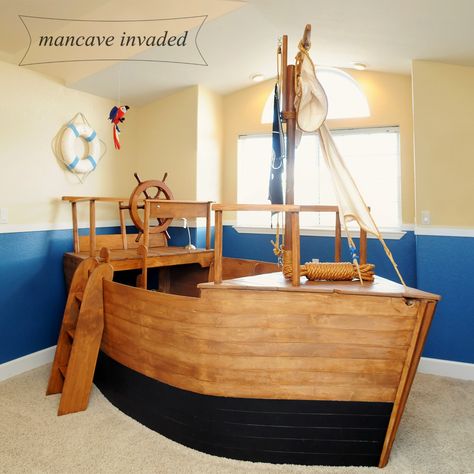 In 2005 my husband decided he was going to build our boys a "boat bed." There wasn't a pinterest to gather ideas back then.  :)   ... Toddler Boat Bed, Boys Nautical Bedroom, Ship Bed, Pirate Ship Bed, Pirate Bedding, Boat Bed, Pirate Room, Nautical Bedroom, Cool Kids Bedrooms