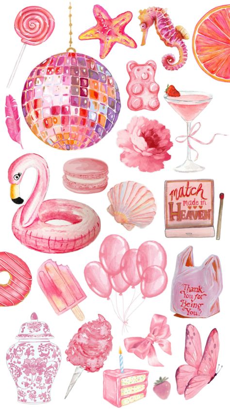 Aesthetic pink collage. Mirrorball. Starfish. Candy. Cocktail. Seashell. Flamingo. Ballons. Butterfly. Cake. Bow. Strawberry. Matches. Donut. Rose. Cotton candy. Popsicle. Pink Collage, Bond Paper Design, Butterfly Cake, Wallpaper Iphone Summer, Magazine Collage, Pink Vibes, Aesthetic Pink, Aesthetic Collage, Pink Wallpaper