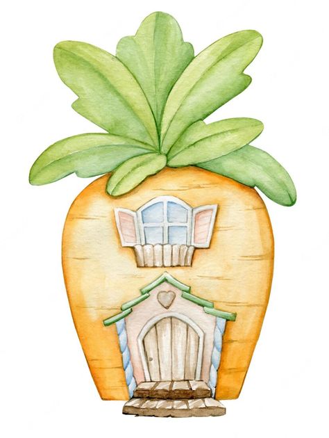 Premium Vector | Carrot house with a wooden door a fabulous cartoonstyle illustration for children's invitations and stickers painted in watercolor Carrot House Drawing, Carrot Illustration, House Cutout, Carrot Drawing, Easter Drawing, Easter House, Illustration House, Colorful Carrots, Easter Watercolor