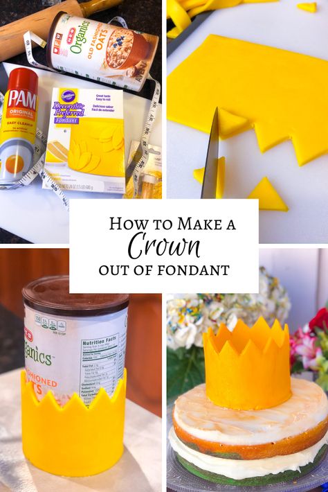 A step-by-step tutorial on how to make an easy fondant crown! Perfect for princess parties. Diy Crown Cake Topper, How To Make A Fondant Crown, Fondant Crown Tutorial, Queens Cake, Covering A Cake With Fondant Tutorials, How To Apply Fondant To Round Cake, How To Stick Fondant To Fondant, Fondant Crown Cake Topper, Fondant Crown