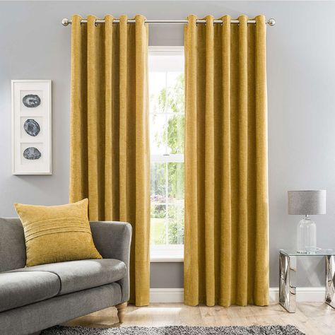 Chenille Mustard Eyelet Curtains | Dunelm Living Room Curtains Ideas Modern, Curtains Ideas Modern, African Curtains, Yellow Curtains Living Room, Room Curtains Ideas, Living Room Curtains Ideas, Mustard Yellow Curtains, Curtains Dunelm, Curtains Design