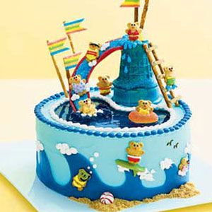 Birthday Cake Recipes - Water Park Cake for Kids Birthday at Womansday.com - Woman's Day Pool Cake, Art Recipes, Teddy Grahams, Canned Frosting, Bear Cookies, Birthday Cake Recipe, Water Party, Boy Birthday Cake, Summer Birthday