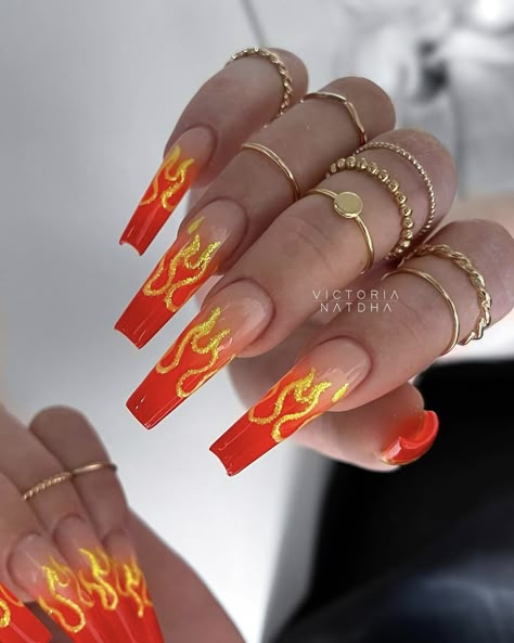 Red Black And Yellow Nails, Orange Red Yellow Nails, Orange And Black Striped Nails, Red And Orange Nails Design, Red And Yellow Nail Designs, Yellow And Red Nails, Red And Yellow Nails, Fire Nails Designs, Bright Nail Art