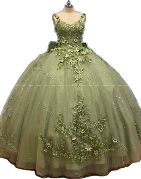 Sage Green Quince Dress, Damas Makeup, Sage Green Quince, Princess And The Frog Theme, Green Quince Dress, Green Quince, Frog Theme, Dama Dresses, Grad Party Decorations