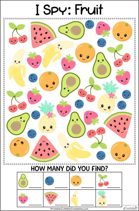 Free Printable Fruit I Spy Game - Free Kids Creatables Preschool I Spy Free Printables, Fruit Games For Kids, I Spy Printables For Kids Free, Food Activities For Kids, Food Games For Kids, Fruit Games, Spy Games For Kids, Coloring Games For Kids, Free Printables For Kids