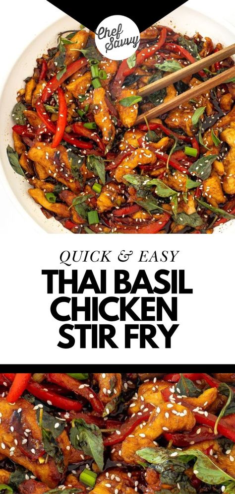 Save this Quick & Easy Healthy Thai Basil Chicken Stir Fry. It is loaded with tons of fresh vegetables. It makes one of the best 30 minute one Skillet meals. Follow Chef Savvy for more healthy chicken dinner recipes and ideas! Chef Savvy, Thai Basil Chicken, Wok Recipes, Stir Fry Recipes Chicken, Healthy Chicken Recipes Easy, Basil Chicken, Summer Recipes Dinner, Thai Basil, Healthy Dinner Recipes Chicken