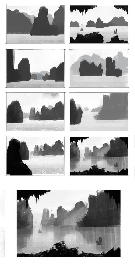 ArtStation - Halong bay - thumbnail study, Milica Todorovic Landscape Value Study, Illustration Thumbnails, Landscape Thumbnails, Concept Art Thumbnails, Thumbnails Art, Thumbnail Drawings, Art Thumbnails, Value Painting, Landscape Study