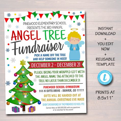 "Christmas Angel Tree Fundraiser Flyer. Awesome and ADORABLE, this Christmas angel tree nonprofit charity flyer features cute and festive holiday graphics. Get your holiday charity events started right... this printable invite flyer will set the mood right away! This is a invite/printable flyer/poster that is simple to use. Printable invitations and posters are very affordable and great because you can print as many as needed - hand out personally to members of your community and post up signs n Christmas Eve Mass, Christmas Charity, Community Ideas, Pta Fundraising, Church Fundraisers, School Pto, Fundraiser Flyer, Holiday Graphics, Charity Events