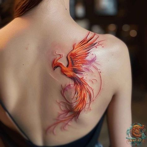 The Symbolism and Significance of the Phoenix Bird Tattoo: A Timeless Design of Rebirth and Renewal: 85 Designs - inktat2.com Soaring Phoenix Tattoo, Coloured Phoenix Tattoo, Phoenix Back Tattoos For Women, Phönix Tattoo Design Women, Phinex Tattoo Arm, Phoenix Bird Tattoo Women, Phenix Tattoo For Women Ribs, Phoenix Tattoo Shoulder For Women, Phinox Bird Back Tattoo