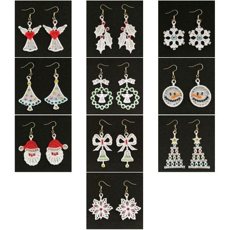 Fsl Machine Embroidery, Fsl Embroidery, Freestanding Lace Embroidery, Crystal Christmas, Holiday Earrings, Earring Designs, Holiday Earring, Free Machine Embroidery, Embroidery Library