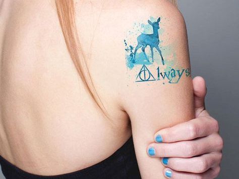 Harry Potter tattoo. Blue deer with lettering 'Always'. Always Harry Potter Tattoo, Patronus Tattoo, Tattoo Harry Potter, Nerd Tattoos, Always Tattoo, Hp Tattoo, Script Tattoo, Deer Tattoo, Harry Potter Tattoos