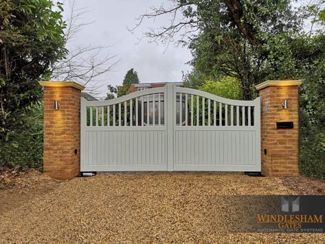 Wooden Electric Gates, Pier Caps, Cobham Surrey, House Front Gate, Wood Gates Driveway, Driveway Entrance Landscaping, Wooden Gates Driveway, Timber Gates, Steel Gate Design