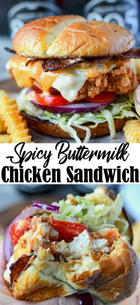 Skip the take-out and make this fried chicken sandwich at home! Crispy, juicy and with a little spice. Topped off with some creamy Sriracha mayo. #chickensandwich #friedchicken #easydinner Things To Make With Hoagie Buns, Fried Chicken Tender Sandwich, Crispy Chicken Sandwich Recipes Oven Baked, Chicken Tender Sandwich Recipes, Buttermilk Fried Chicken Sandwich, Fried Chicken Sandwich Recipe, Buttermilk Crispy Chicken, Crispy Chicken Sandwich, Sandwich Chicken