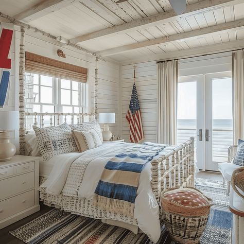 Americana Coastal Bedroom Concept with Blue Accents American Classic Bedroom, American Flag Bedroom, Blue Coastal Bedroom, Patriotic Bedroom, Americana Bedroom, Coastal Americana, Tan Bedroom, Bedroom Concept, Beach Themed Bedroom