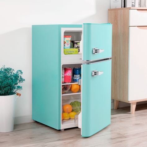 Insignia™ Retro 3.1 cu. ft. Mini Fridge with Top Freezer Cool mint green NS-CFR32MT1 - Best Buy Rv Snacks, Mini Fridge In Bedroom, Retro Mini Fridge, Mini Fridge Stand, Dorm Necessities, Basement Office, Retro Fridge, Retro 3, Salon Suites