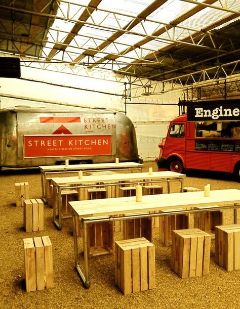 Street Kitchen Shoreditch Street Food Design, Cafe Interiors, Food Van, Food Park, Cafe Concept, Pop Up Restaurant, Seating Ideas, Pop Up Bar, Cafe Ideas