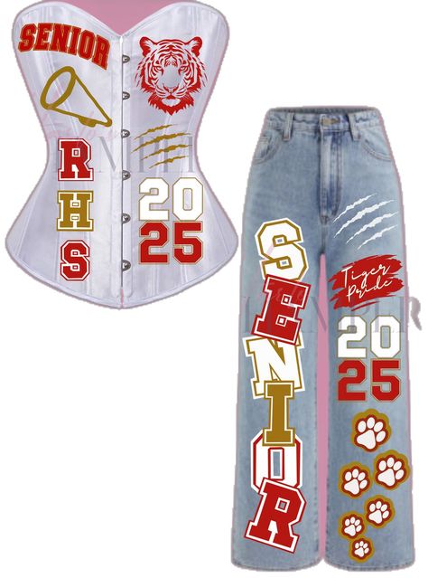 Graduation Jeans, Birthday Jeans, Senior Pants Ideas, Corset With Jeans, Senior Jeans, Senior Painted Jeans, Senior Year Planning, Corset And Jeans, Painted Jeans