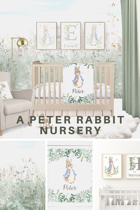 Gender neutral Peter Rabbit, meadow themed nursery with links to all products included. #nurseryideas #nurserydecor #peterrabbit #babynursery #genderneutral #nursery Disney Baby Nursery, Rabbit Themed Nursery, Baby Room Decor Neutral, Themed Bedrooms, Gender Neutral Baby Nursery, Custom Nursery Art, Peter Rabbit Nursery, Rabbit Nursery, Baby Room Themes