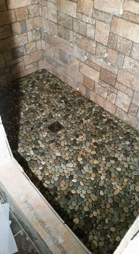 River Stone Bathroom Floor, Pebble Shower Floor Dark Grout, Rock Showers Walk In, Pebble Bottom Shower Floor, Shower Stones Floor, Bathroom Shower Pebble Floor, Bathroom With Rock Floor, Pebble Rock Shower Floor, Natural Rock Shower Floor