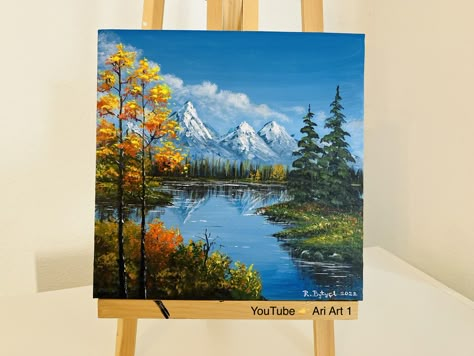 Fall Mountains Painting, Lake Art Painting, Acrylic Landscape Tutorial, Landscape Paintings Simple, Waterpaint Ideas, Landscape Painting Easy, Modern Art Canvas Painting, Beach Art Painting, Sky Art Painting