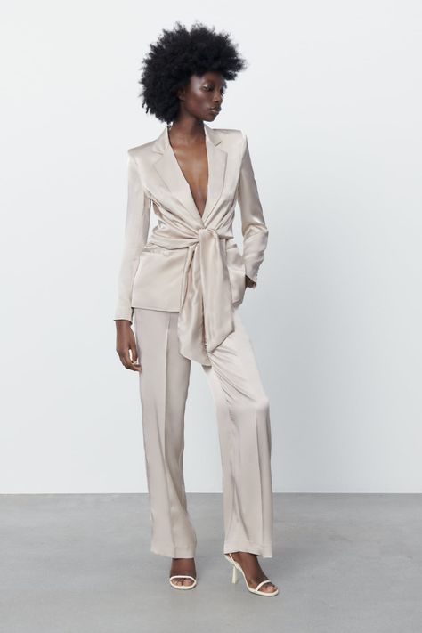 Zara Suits Women, Zara Suits, Satin Suit, Satin Trousers, Satin Blazer, Long Blazer, Grey Blazer, Fitted Blazer, Zara Jackets